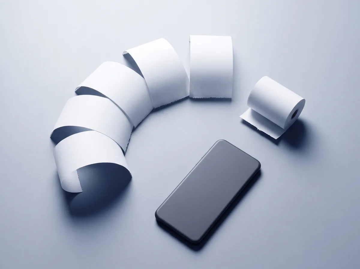 Curled strips of thermal receipt paper and a phone on a light grey desk