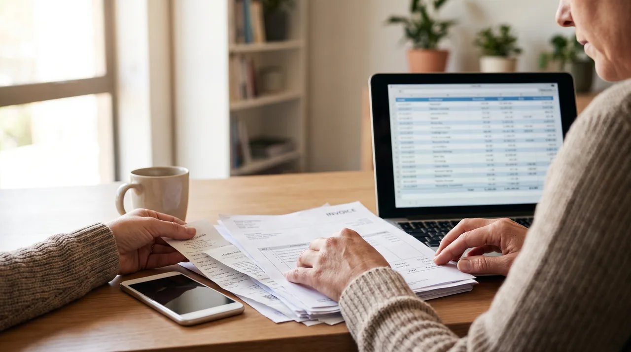 Bookkeeper at a desk comparing supplier invoices and receipts with accounting software on a laptop
