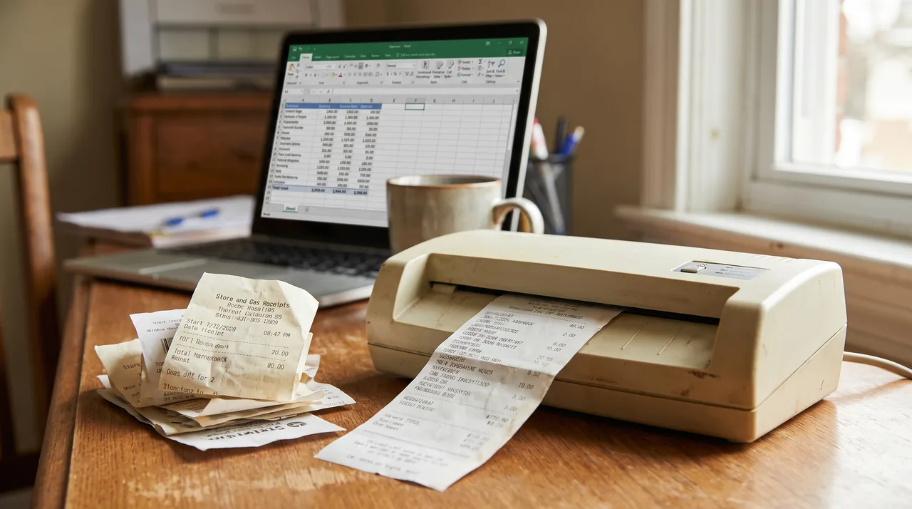 Desktop document scanner feeding paper receipts next to a laptop with an expense spreadsheet